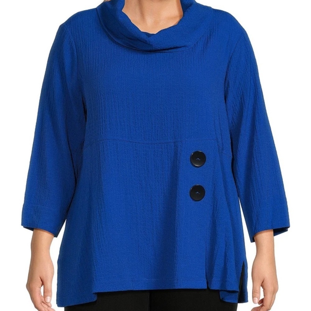 Ali Miles | Blue Woven Pucker Textured Cowl Neck 3/4 Sleeve Tunic Top 1X Artsy